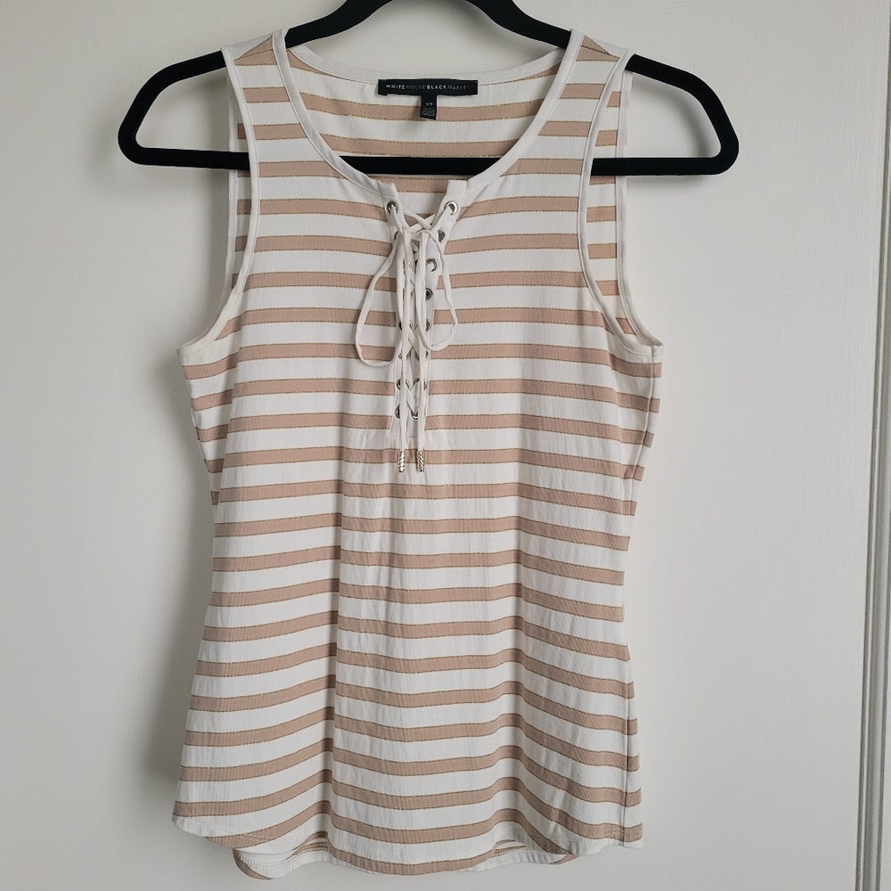 White House Black Market Gold & Cream Striped Tank Top with Gold Accent